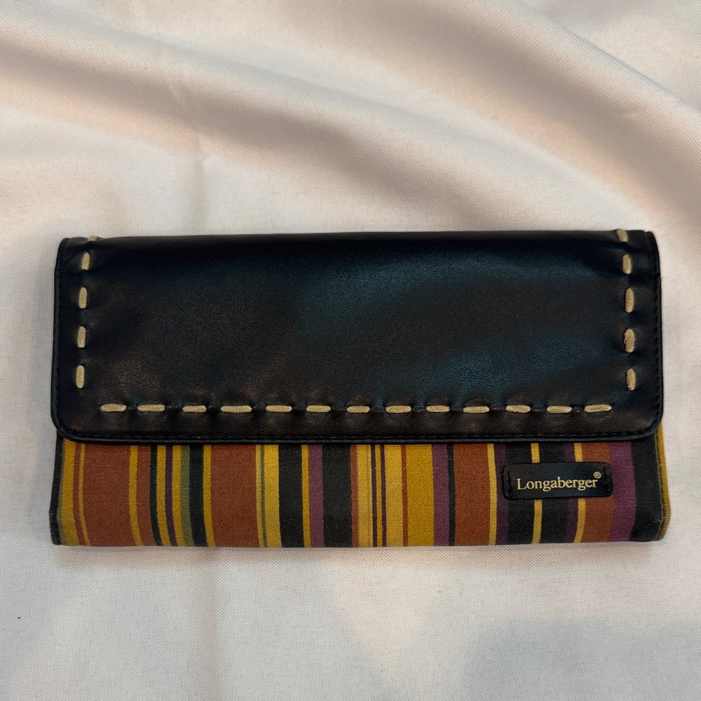 Longaberger 90s Y2K Black Striped Wallet with Brown, Yellow & Purple